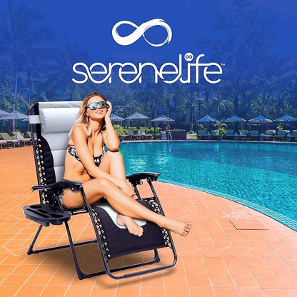 SereneLife Padded Zero Gravity Lounge Chair - Reclining Patio Chairs - Outdoor Lounge Chairs with Detachable Cup Holder Tray - Folding Recliner Chair with Removable Pillows - 1, Gray and Black
