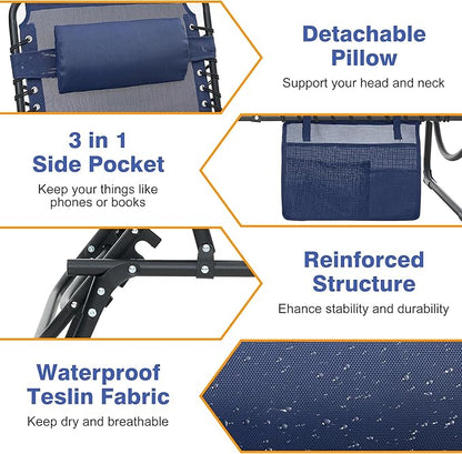 Folding Chaise Lounge Chair, Patio Teslin Tanning Chair, Outdoor Beach Lounge Chair with 5-Position Reclining Back, Breathable Mesh Seat for Beach, Poolside, Patio Sunbathing Navy Blue