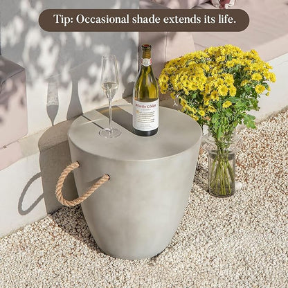 COSIEST Set of 2 Outdoor Cup Shaped Side Table, Concrete Side Table w Hemp Rope Handles,17''Patio Side Tables End Table, Outdoor Accent Table for Garden and Patio, Grey