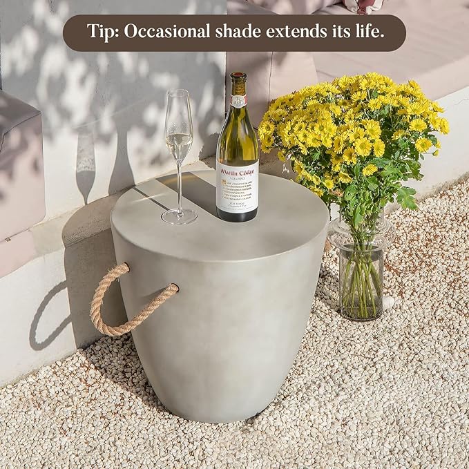 COSIEST Outdoor Shaped Side Table with Concrete Top & Hemp Rope Handles, 17'' Patio Accent Table for Garden - Photo 4