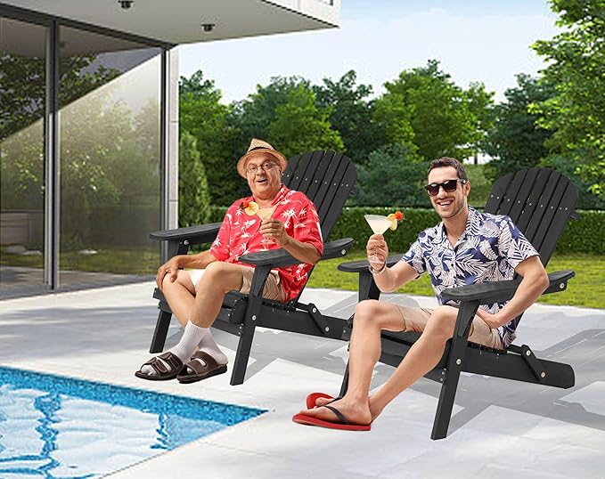 Folding Adirondack Chair, Weather Resistant Lawn Chair Outdoor Modern Fire Pit Chairs Outdoor Chairs for Patio Lawn Garden Backyard Pool Deck, Black