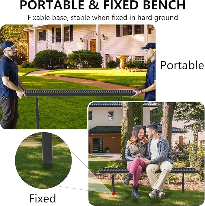 72" L Outdoor Bench, 6FT Heavy Duty Metal Park Bench for Outside, Inground Mounted, Commercial Benches Mesh Bench for Shopping Mall, Store, Lawn, Park, Patio, Deck, Garden (Black Inground)