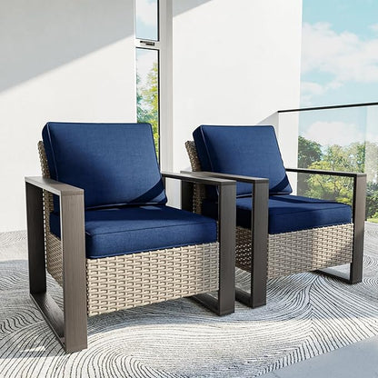 Patio Chairs Set of 2, Outdoor Wicker Chair Metal Patio Furniture with Deep Seating, Thicken Cushions for Deck, Porch, Yard Use (Blue, 2 PCS/Chairs)