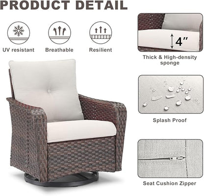 Rilyson Outdoor Patio Swivel Rocker Chairs - 6 PC Wicker Patio Bistro Sets with High Back,Comfy Cushions, Deep Seating and Side Table for Porch Deck Backyard Garden(Brown/Beige)