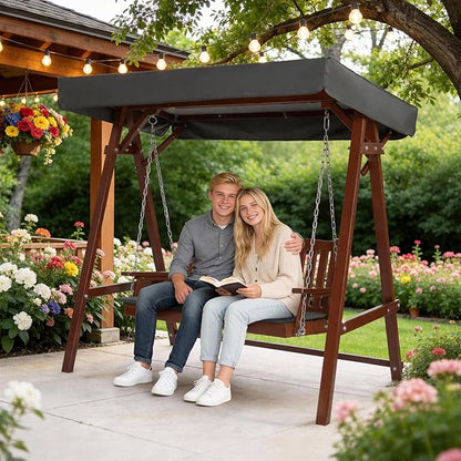VINGLI Porch Swing with Stand, Wooden Swing & Stand with Canopy, Hanging Swing Chair with Stand for Garden, Patio and Yard (Brown)