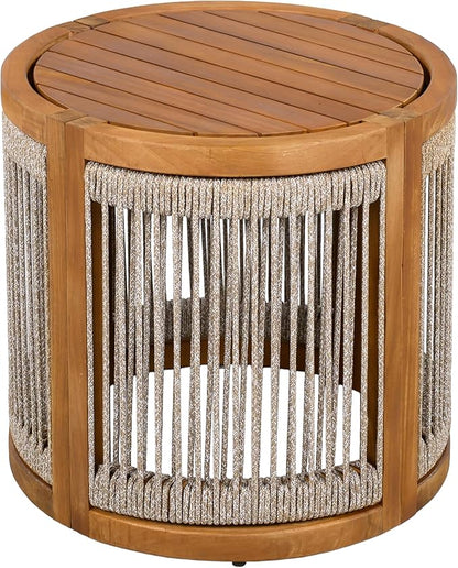 Christopher Knight Home Viktor Acacia Wood Outdoor Side Table, Patio Round Coffee Table with Woven Rope Accents, Table for Patio Furniture Set, Elegant Slatted Design, Weather-Resistant, Teak