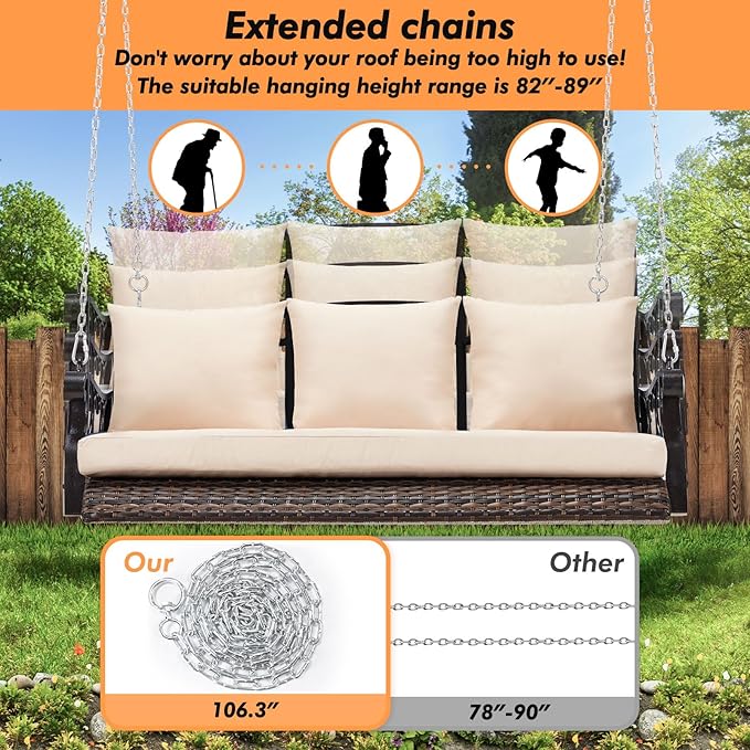 3-Person Wicker Porch Swing Chair Heavy Duty 900 LBS Outdoor Rattan Patio Swing Chair w/Cup-Holder & Steel Chains - Photo 5
