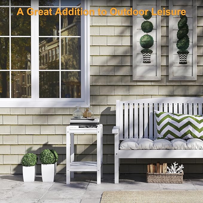 Outdoor Side Table, 26-Inch Tall Adirondack Patio Side Table, All-Weather HDPE Outdoor End Table for Porch Deck Balcony Pool, Easy Maintenance, White