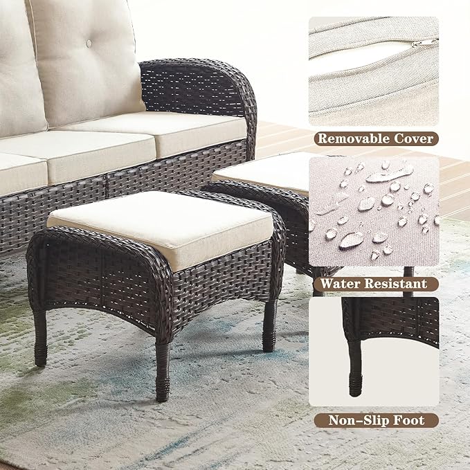 Belord Outdoor Ottomans for Patio Foot Rest - 25 Inch PE Wicker Foot Stool Set of 2 with Removable Cushions for Patio Furniture Sets,All Weather Rattan Ottoman for Balcony Backyard Brown