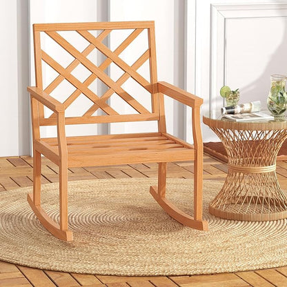 Tangkula Teak Wood Rocking Chair, Oversized Porch Rocker with Backrest and Slatted Seat, Outdoor Rocker Chair for Patio, Backyard and Lawn, 330 LBS Weight Capacity (2, 32 x 28 x 35 Inch)