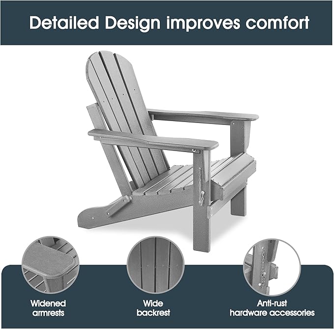 Folding Adirondack Chair, Patio Chair, Patio Adirondack Chair Weather Resistant, Outdoor Adirondack Chair, HDPE All-Weather Adirondack Chair for Fire Pit, Pool, Balcony, Backyard, Grey