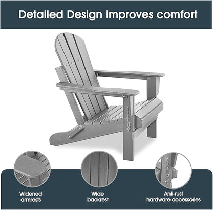 Folding Adirondack Chair, Patio Chair, Patio Adirondack Chair Weather Resistant, Outdoor Adirondack Chair, HDPE All-Weather Adirondack Chair for Fire Pit, Pool, Balcony, Backyard, Grey