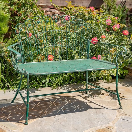 Zaer Ltd. Vintage Style Metal Patio Furniture with Heart Design Accents, Outdoor/Indoor Decor (Antique Green, Garden Bench)