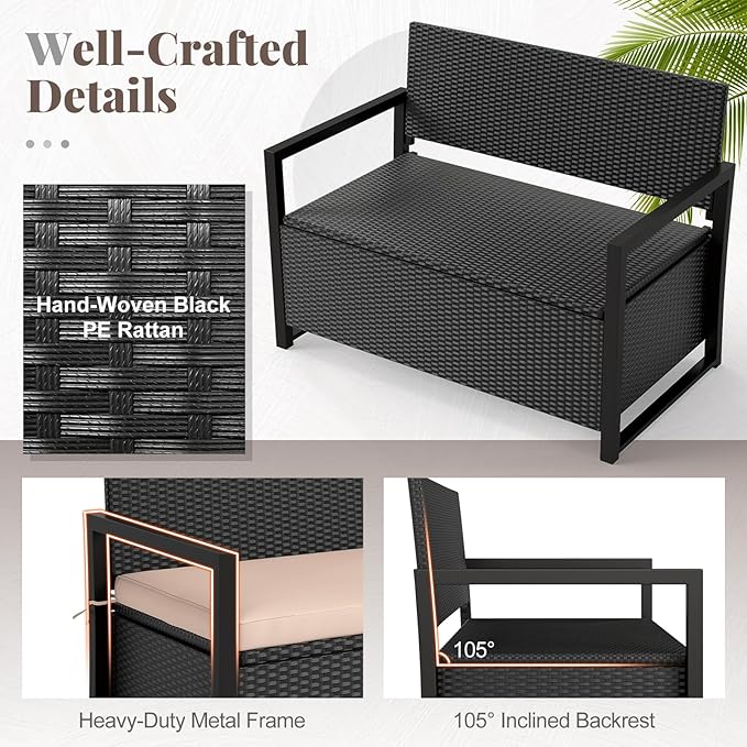 RELAX4LIFE Wicker Outdoor Bench with Storage - Rattan Deck Box w/Protective Liner for Pillows, Pool Supplies - Photo 7