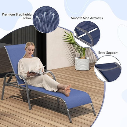 Tangkula Outdoor Lounge Chair, Patio Chaise Lounge with Adjustable Backrest, Reclining Pool Lounge Chair for Outside with Heavy Duty Steel Frame for Beach, Yard, Balcony, Poolside (Navy)