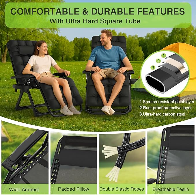 Suteck Zero Gravity Chair, Reclining Camping Lounge Chair w/Removable Cushion, Upgraded Lock and Cup Holder, Reclining Patio Chairs Folding Recliner for Indoor and Outdoor
