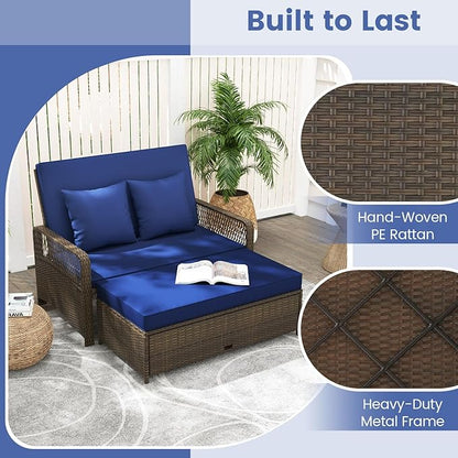 Moccha Outdoor Daybed, PE Rattan Double Chaise Lounge w/ 4-Level Adjustable Back, Storage Ottoman, Cushions & Pillows, Separated Seating, Wicker Sunbed for Garden Patio Furniture Set (Navy)