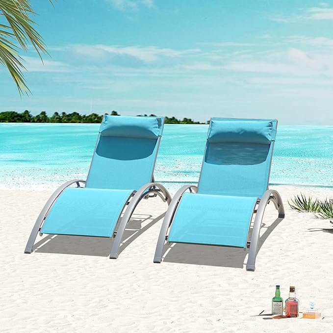 Domi Lounge Chair Set of 2, Aluminum Lounge Chairs for Outside with 5 Adjustable Positions, Chaise Lounge Outdoor for Pool, Garden, Beach, Camping, Backyard(Turquoise Blue)