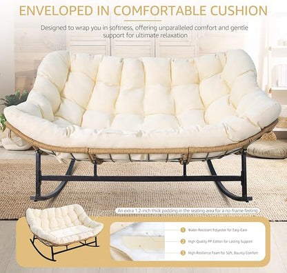 NICESOUL Oversized Double Rocking Papasan Chair with Cushion, 2 Person Big Wicker Outdoor Comfy Recliner, Large Heavy Duty Loveseat for Patio, Balcony, Backyard