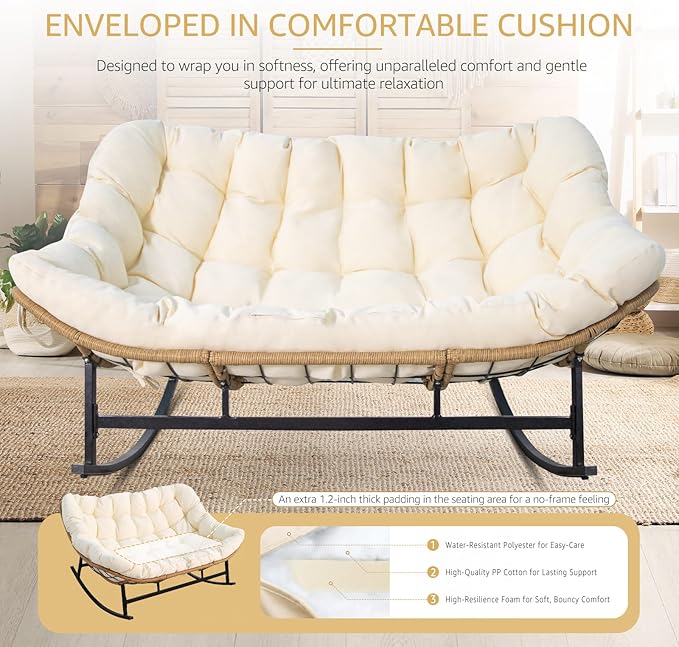 NICESOUL Oversized Double Rocking Papasan Chair with Thick Cushion, 2 Person Big Wicker Outdoor Comfy Recliner, Extra Large Heavy Duty Egg Loveseat for Patio, Balcony, Backyard, Garden, Beige