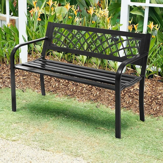 Bench Deck with Steel Frame for Outdoor, Outdoor Bench All Metal Frame Garden Bench for Front Porch, Yard, Lawn, Deck