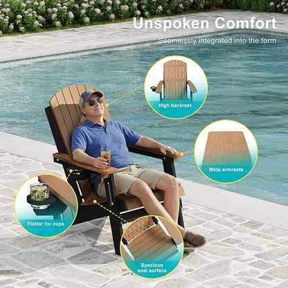 HDPE Foldable Adirondack Outdoor Chair with Cup Holder, Weather Resistant Heavy-Duty Patio Chair for Patio, Backyard, Deck, Fire Pit, Lawn and Porch, Black and Teak