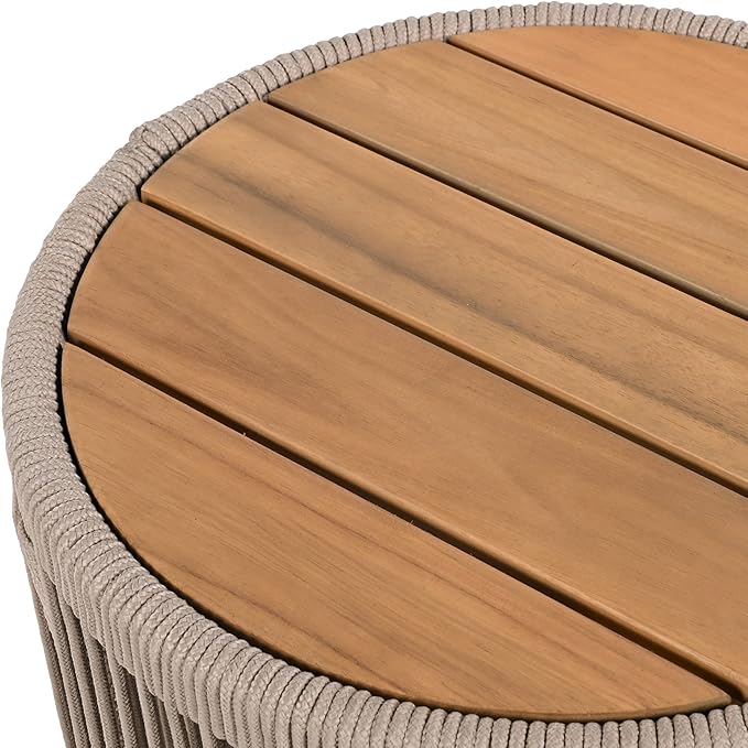 15" Outdoor Rustic Side Table,Rattan Rope & Acacia Wood End Table with Round Top & Iron Frame, Easy Assembly, Versatile Weather-Resistant Patio Furniture for Garden, Yard, Balcony, Beige Teak