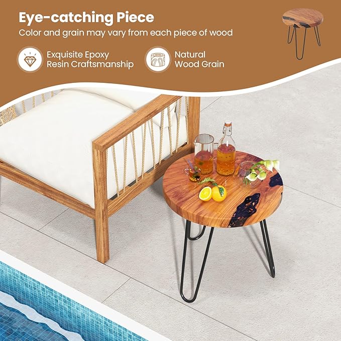 Giantex Outdoor Side Table Teak Wood - 20” Round End Table with Epoxy Resin Tabletop, Solid Live Edge, Metal Frame, Rustic Sofa and Couch Table for Patio, Porch, Poolside, Living Room, Yard, Brown