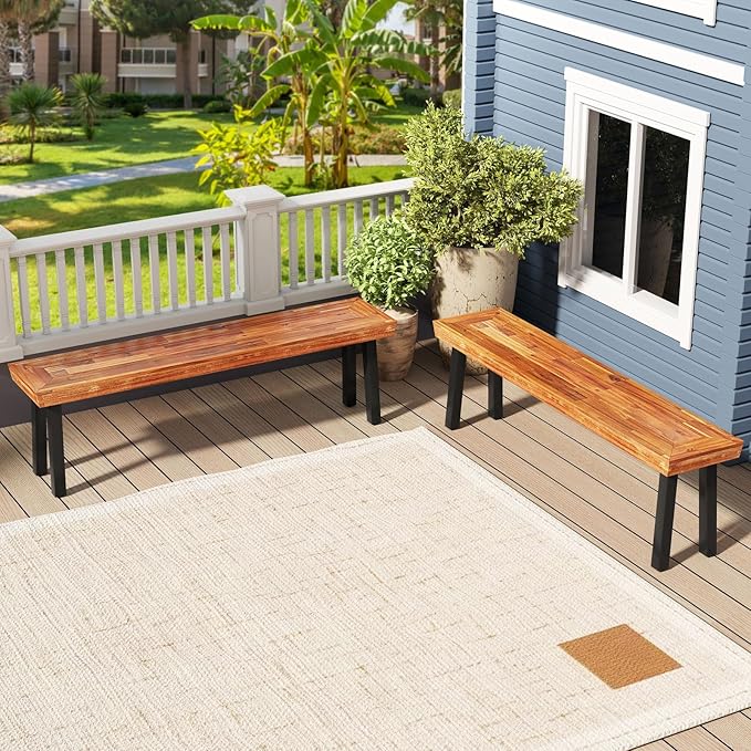 COSTWAY Set of 2 Outdoor Acacia Wood Benches, 2-3 People Backless Garden Benches with Metal Frame for Patio, Deck - Photo 2