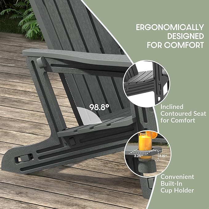 WestinTrends Azura Outdoor HDPE Adirondack Chairs with Connecting Table Tray (Set of 2), Gray