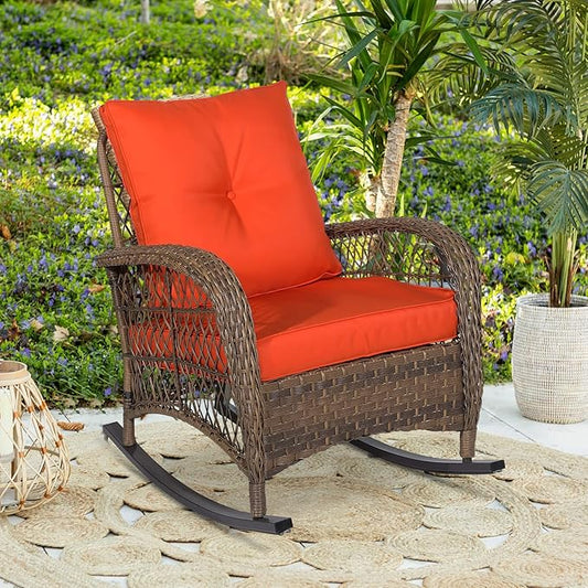 Outdoor Wicker Oversized Rocking Chair, All Weather- Resistant Patio Rocking Chair for Garden Lawn, Patio Wicker Furniture Seat with 4” Thick Cushion, Orange