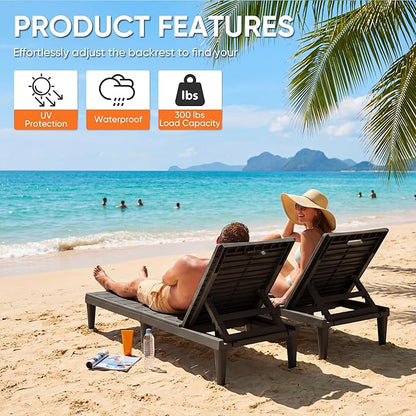 Homall Patio Chaise Lounge Chairs Set of 2, Outdoor Lightweight Lounge Chairs, 5 Position Adjustments Backrest for Outside Pool, Garden, Patio and Beach, Deep Brown