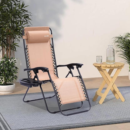 SereneLife Zero Gravity Outdoor Lounge Chairs 2 Pack – Folding Recliners with Side Table, Cup Holder & Padded Headrest – Adjustable Patio Chairs for Lawn, Garden, Deck, Camping (Cream)