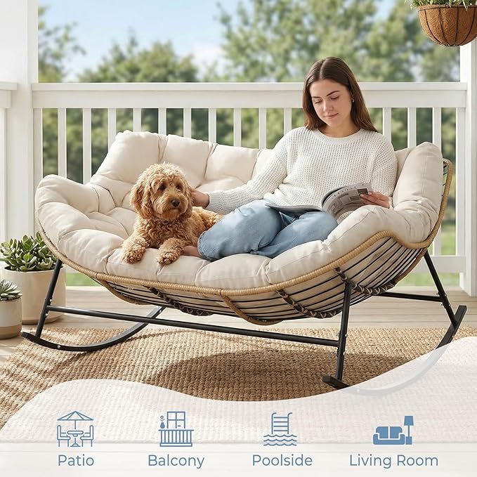 SWITTE Oversized Double Rocking Papasan Chair, Outdoor Wicker Egg Loveseat with Thick Cushion - Photo 3