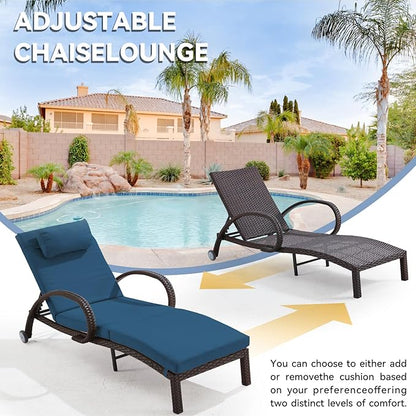Pool Outdoor Lounge Chairs Set of 2,Outdoor Chaise Lounge w/ 5 Adjustable Back,Wicker Patio Pool Lounge Chair with Wheels for Poolside Deck Lawn,Peacock Blue