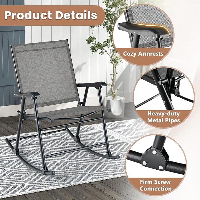 Tangkula Folding Rocking Chairs Set of 4, Patio Rockers with Breathable Seat Fabric & Sturdy Metal Frame, Smooth Rocking Motion, Heavy-Duty Outdoor Rocker for Backyard, Front Porch, Poolside