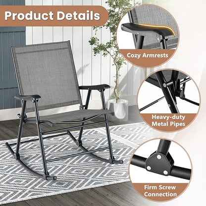 Tangkula Folding Rocking Chairs Set of 4, Patio Rockers with Breathable Seat Fabric & Sturdy Metal Frame, Smooth Rocking Motion, Heavy-Duty Outdoor Rocker for Backyard, Front Porch, Poolside