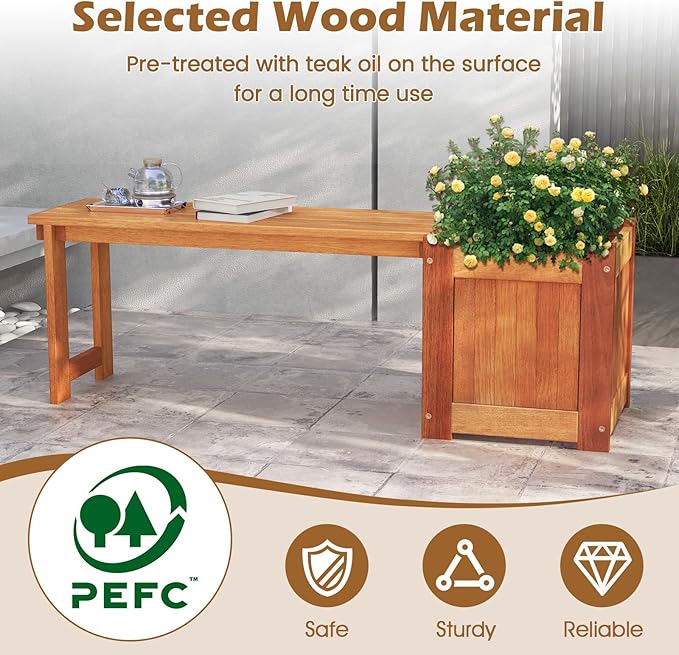 Bench with Planter Box, 2 in 1 Wooden Flower Box Kit with Seat, Open-Ended Base & Slotted Construction, Outdoor Plant Container for Garden, Yard, Balcony (Natural)