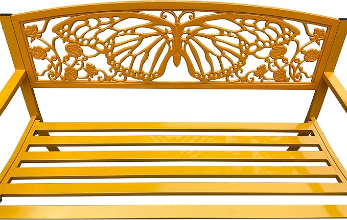 Hi-Line Gift Ltd 50" Outdoor Metal Garden Bench with Butterfly Design Backrest - Yellow