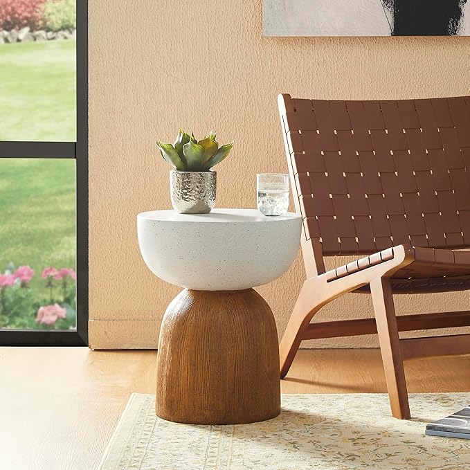 Glitzhome Outdoor Side Table Set of 2, 17.75" H Decorative Garden Stool MGO Geometric Wood Texture End Table, Round Planter Stand for Indoor Outdoor Living Room Bedroom Patio Deck Poolside