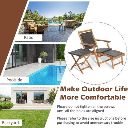 Tangkula Patio Lounge Chair and Side Table Set, Acacia Wood Wicker Folding Table and Armrest Chair with Retractable Ottoman, Outdoor Chaise Lounger for Garden, Backyard, Poolside, Balcony