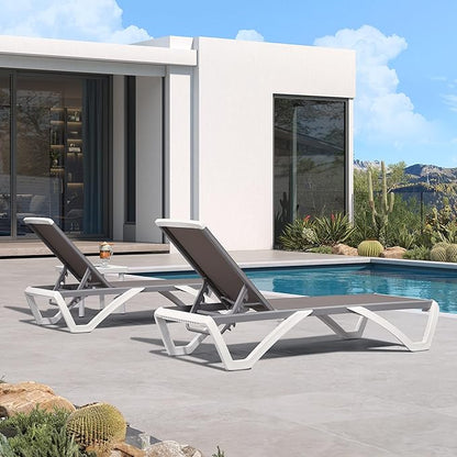 PURPLE LEAF Patio Chaise Lounge Chair Set of 3 Outside Aluminum Plastic Stackable Tanning Chairs for Pool Sunbathing Beach Deck Outdoor Lounger, Taupe