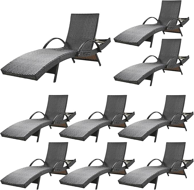 80'' Outdoor Wicker Chaise Lounge Chairs Set of 8, Patio Rattan Reclining Chair with Pull-Out Side Table - Photo 1