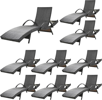 80'' Outdoor Wicker Chaise Lounge Chairs Set of 8, Patio Rattan Reclining Chair with Pull-Out Side Table, Adjustable Backrest for Beach, Poolside, Garden, Backyard, Dark Brown