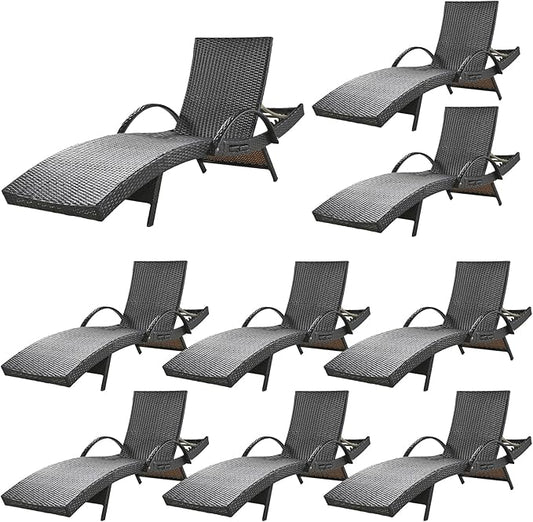 80'' Outdoor Wicker Chaise Lounge Chairs Set of 8, Patio Rattan Reclining Chair with Pull-Out Side Table, Adjustable Backrest for Beach, Poolside, Garden, Backyard, Dark Brown