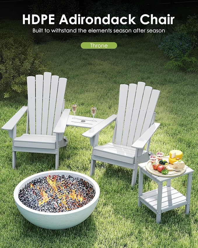 GREENVINES Folding-Adirondack-Chairs-Set-of-2 | HDPE Plastic | Throne Series | Fire Pit Chair | with Connecting Tray | Removable Table | All Weather | for Outdoor Patio Deck Poolside | White