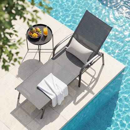Outdoor Chaise Lounge Chair Adjustable Pool Lounge Chairs with Lumbar Pillow Outside Tanning Chairs for Beach Deck Backyard Lawn (Grey, 1 pcs)