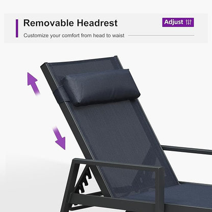 PURPLE LEAF Patio Lounge Chair Set of 3 Outdoor Chaise Lounger Aluminum Frame with Armrest Side Table and Wheels for Pool Outside Sunbathing Tanning Recliner Including Pillows Navy Blue