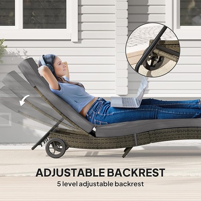Outsunny Wicker Chaise Lounge Chair Outdoor with Wheels & Cushion, PE Rattan Patio Lounge Chair with 5-Level Adjustable Backrest for Poolside, Garden, Gray