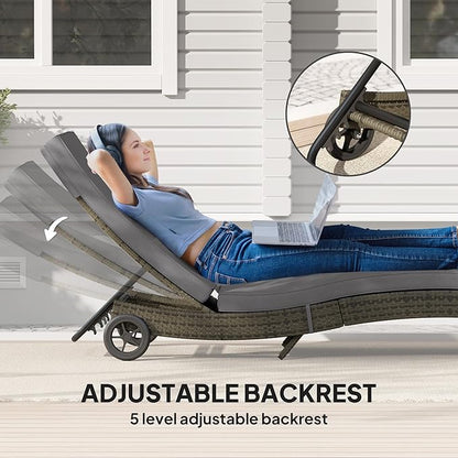 Outsunny Wicker Chaise Lounge Chair Outdoor with Wheels & Cushion, PE Rattan Patio Lounge Chair with 5-Level Adjustable Backrest for Poolside, Garden, Gray